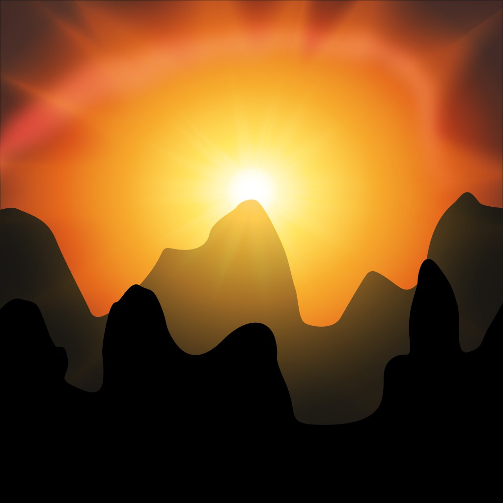 red sunset in the mountains on a black background