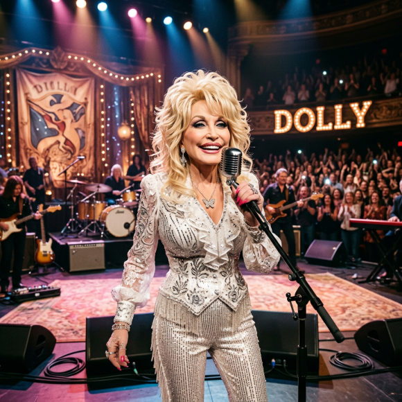 Dolly Parton singing into a microphone onstage with a band and audience