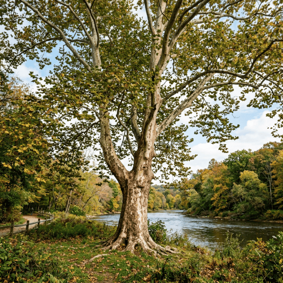 Large tree beside a river in an autumn park